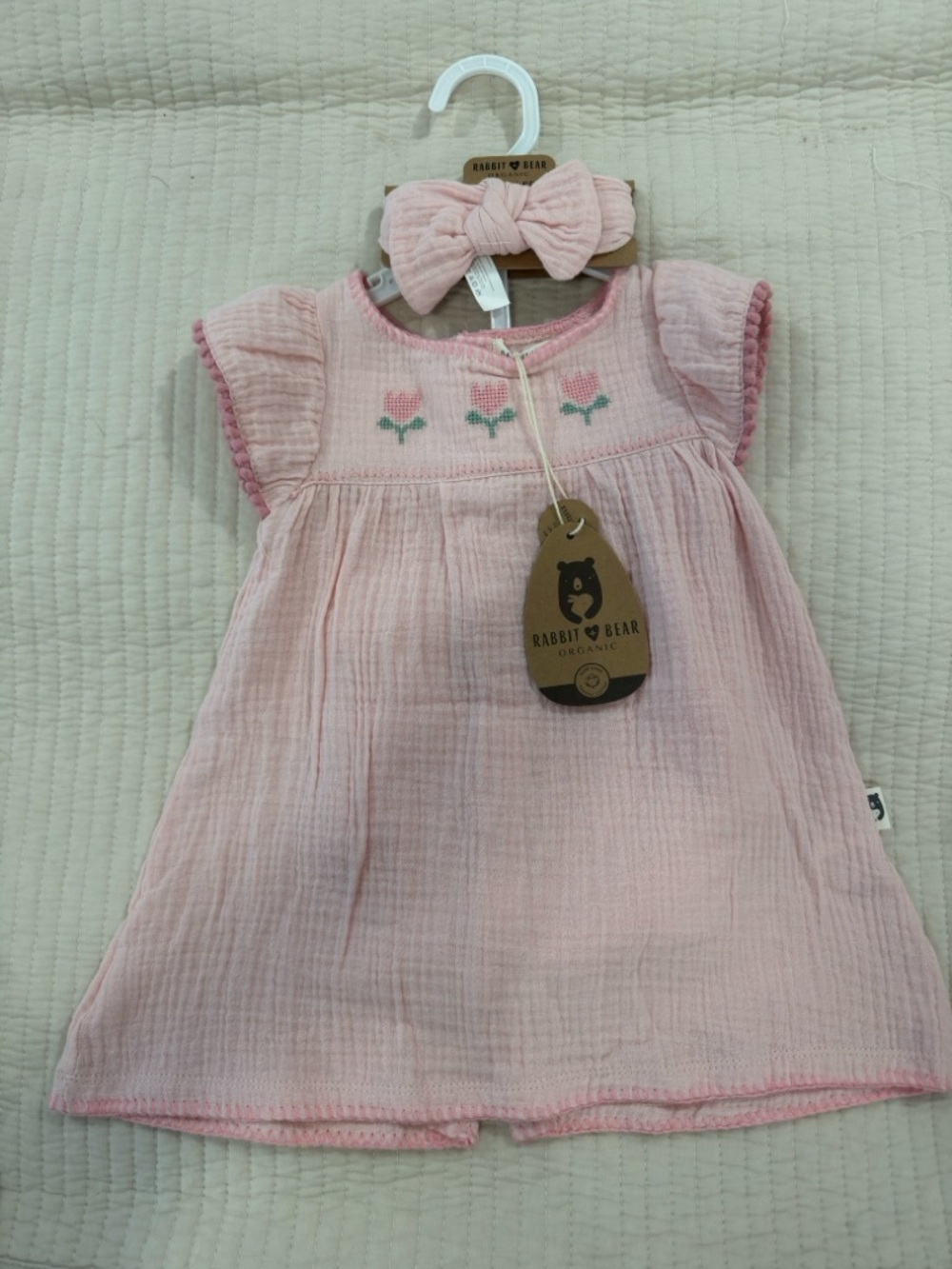Rabbit & Bear Organic Pink Smocked Tulips Baby Matching Set with Headband